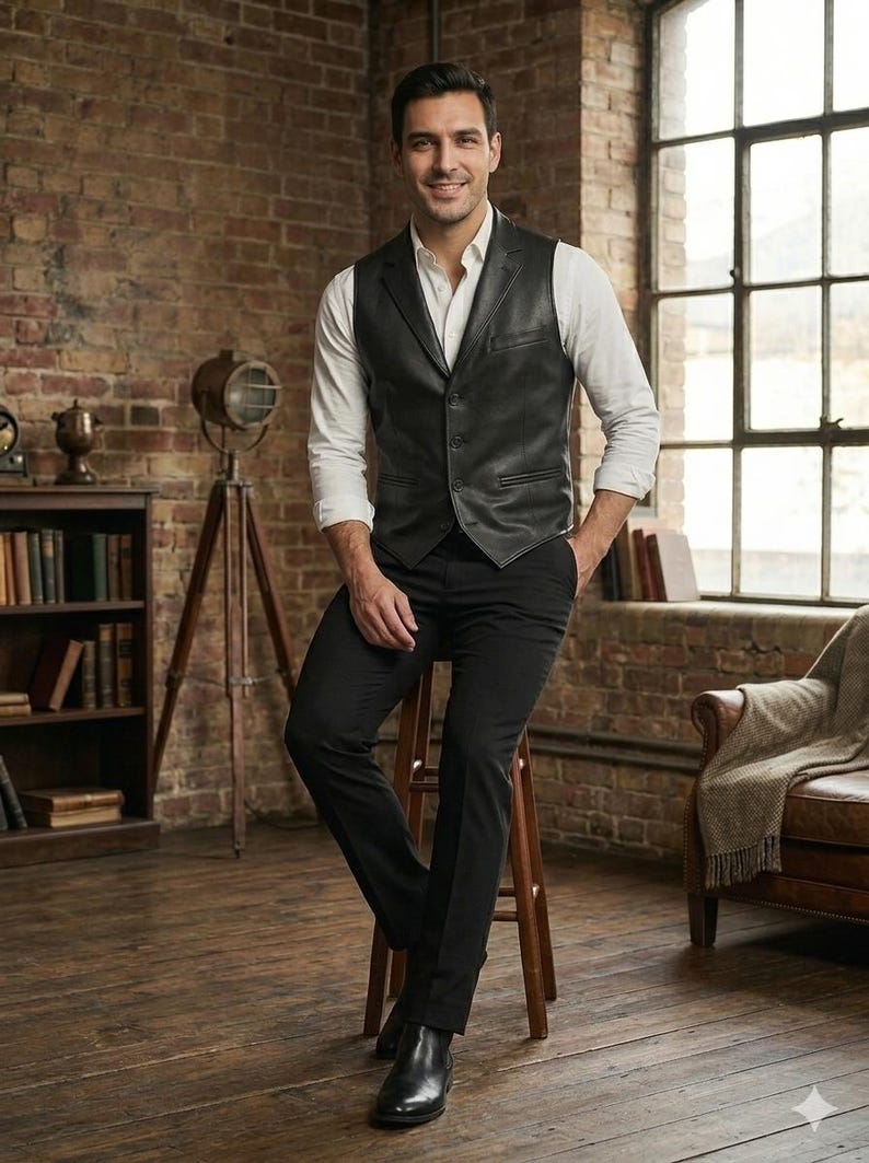 Handmade Men's Black Leather Vest Formal Waistcoat Slim Fit Classic Elegant Vest