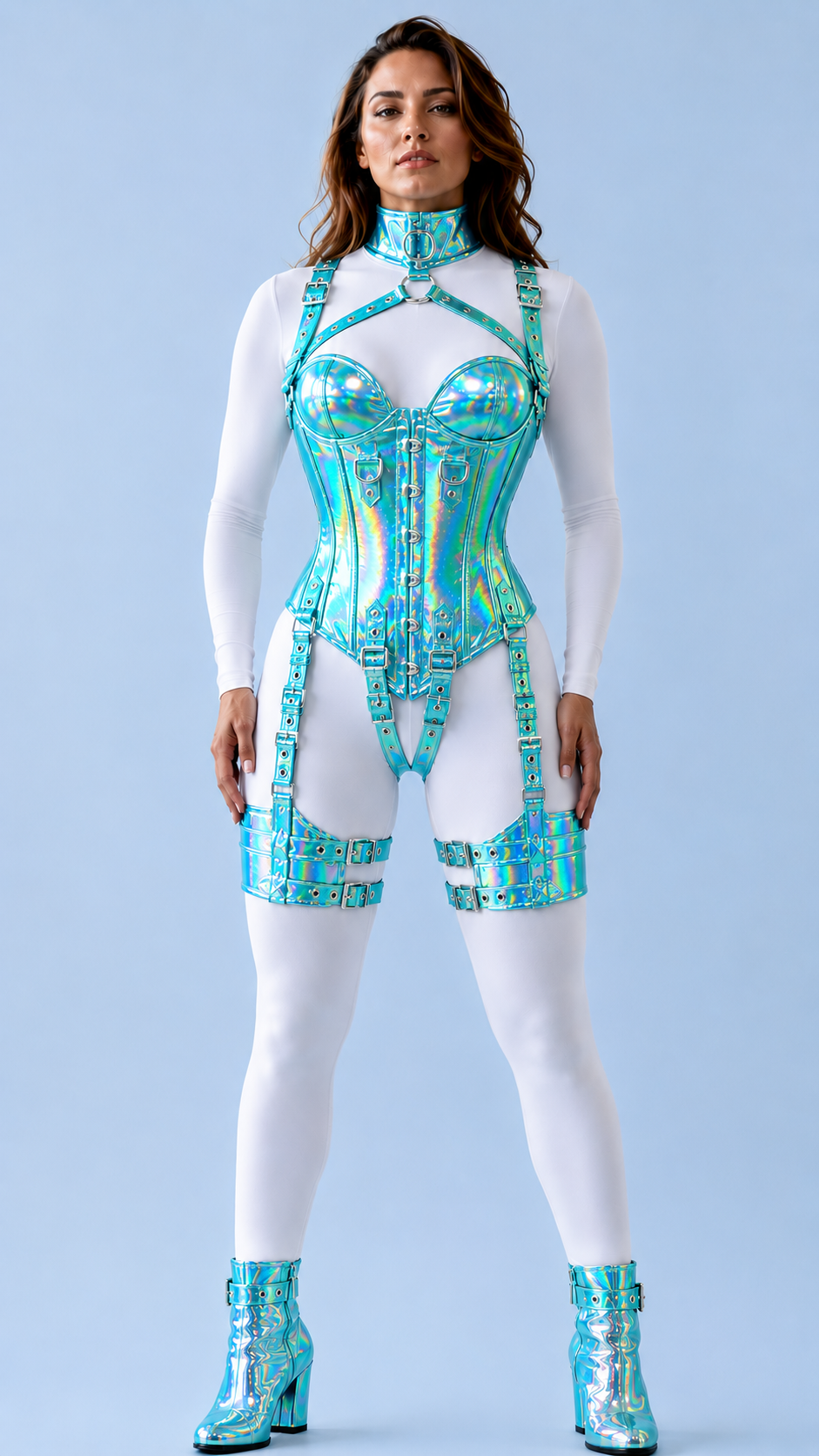 HOLOGRAPHIC PVC Leather OverBust Corset Set