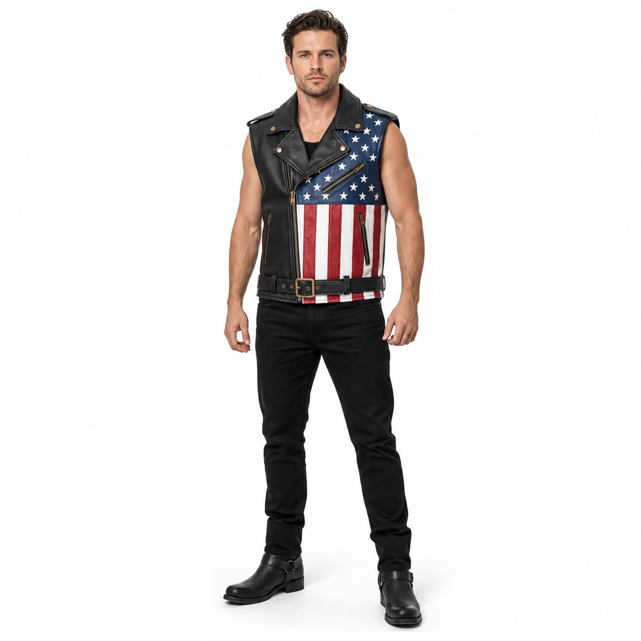 Men Genuine Leather USA Flag Vest Biker Motorcycle Belted Vest