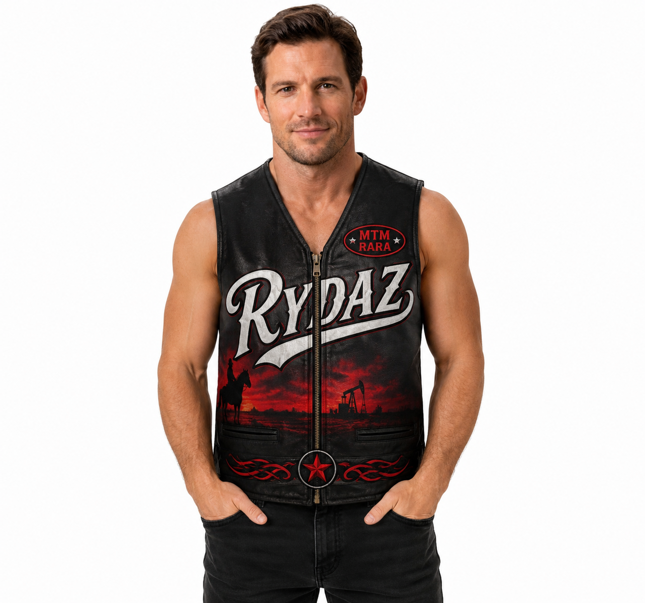Men's Genuine Leather Biker Vest Black Western Digital Print Motorcycle Vest