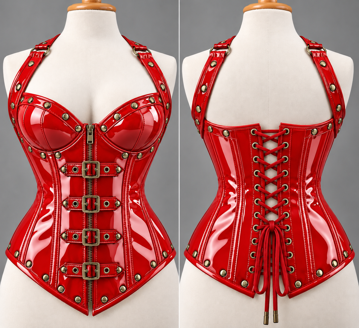 PVC Leather Corset – Front Zip OverBust Waist Shaper