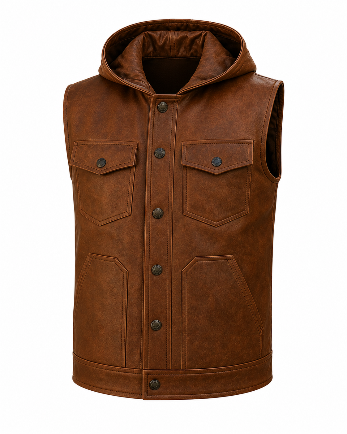 Men's Brown Leather Vest Hooded Casual Streetwear Slim Fit Button Front Sleeveless Vest