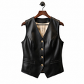 Women’s Black Genuine Leather Vest Button Front Slim Fit Sleeveless Classic Vest