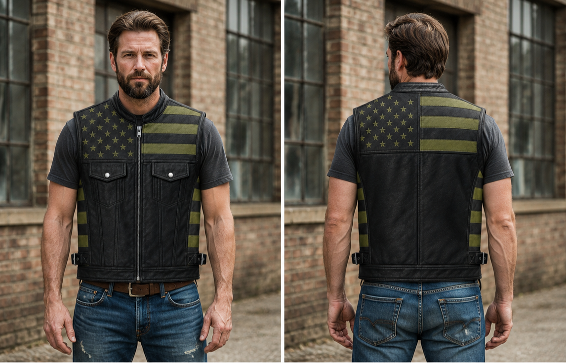 Men's Genuine Leather USA Flag Vest Motorcycle Biker Sleeveless Riding Vest