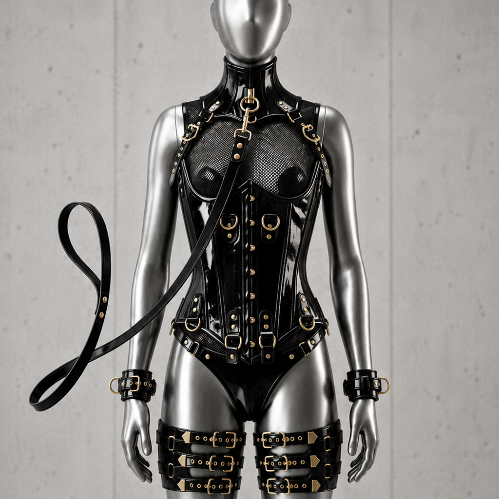 Women’s PVC Glossy Corset Harness Bodysuit Gothic Buckle Bustier Steampunk Fetish(With Leash & Handcuffs)