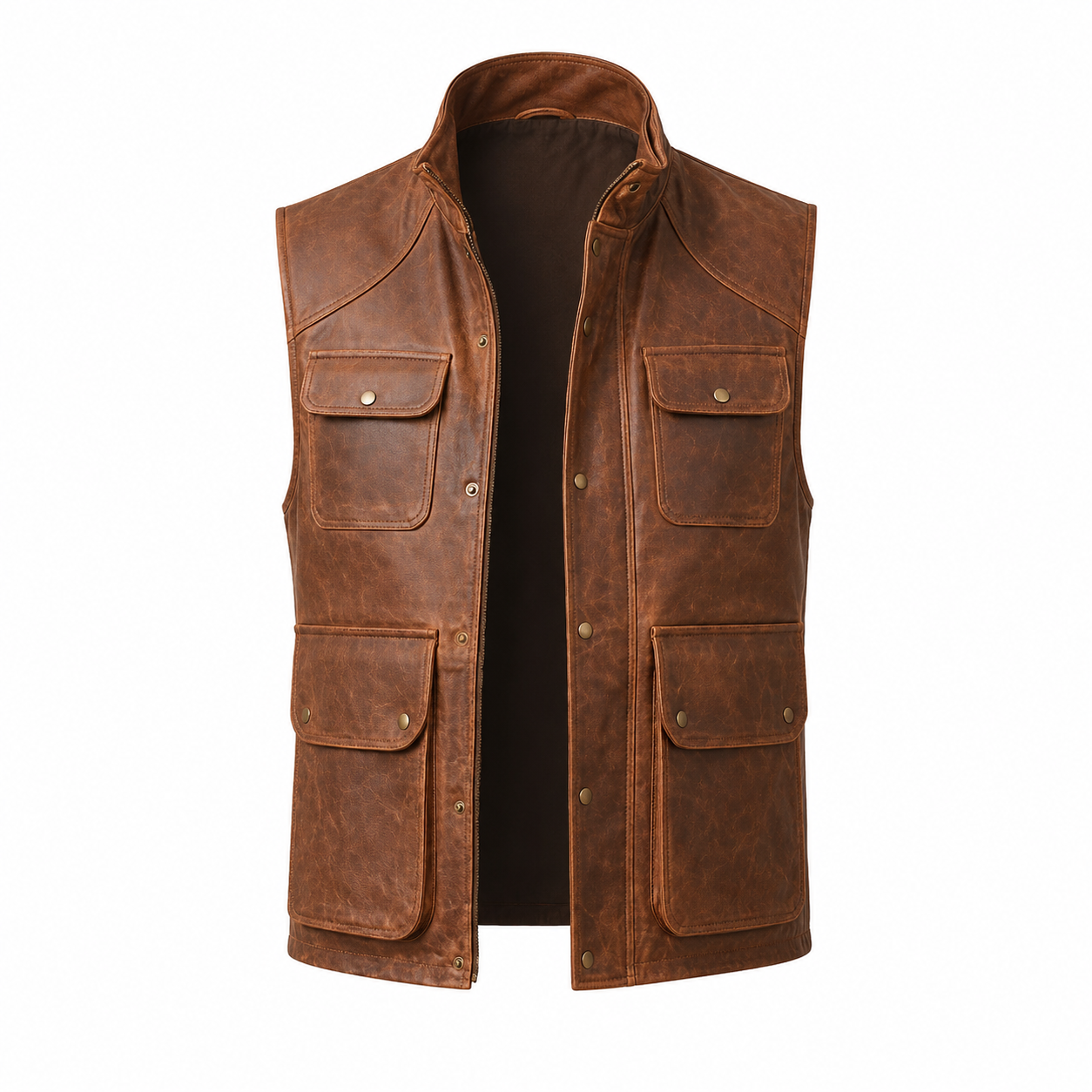 Men's Brown Leather Vest Casual Utility Outdoor Slim Fit Style Motorcycle Waistcoat Vest