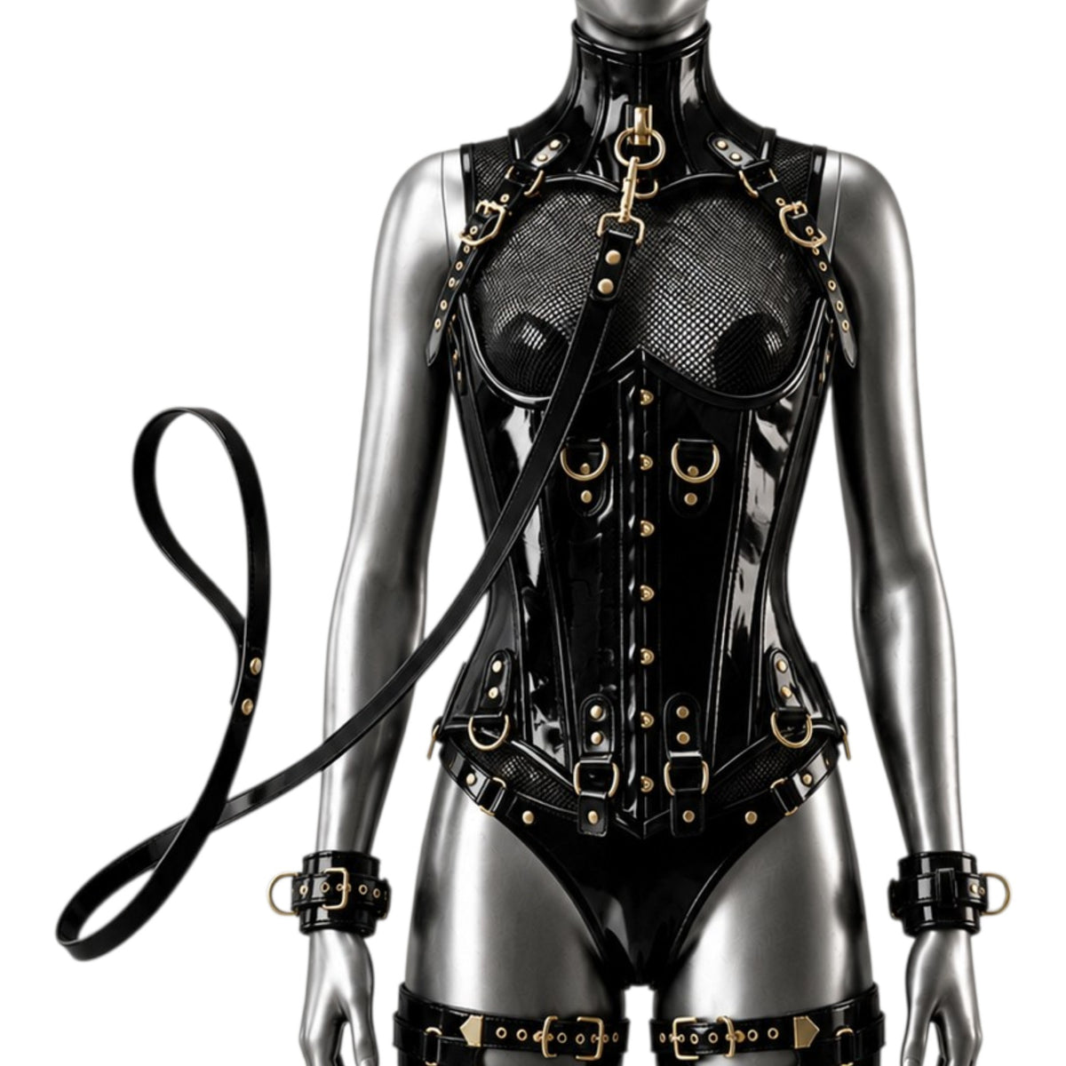 PVC Gloss UnderBust Corset(With Leash & Handcuffs)