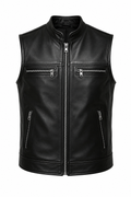 Men's Black Leather Vest Motorcycle Club Style Zipper Slim Fit Streetwear Sleeveless Vest