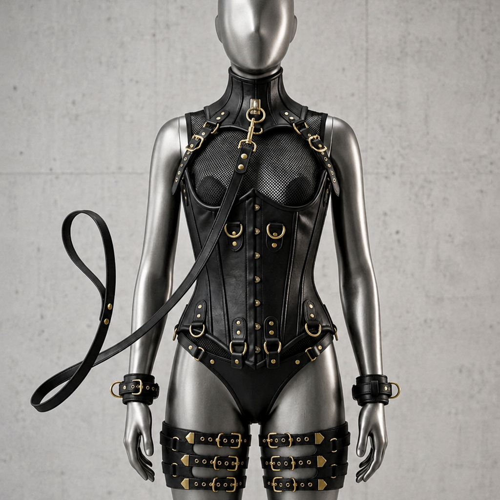 Women’s Leather Corset Harness Bodysuit Gothic Buckle Bustier Steampunk Fetish (With Leash & Handcuffs)