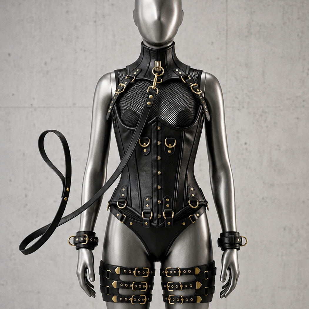Women’s Leather Corset Harness Bodysuit Gothic Buckle Bustier Steampunk Fetish (With Leash & Handcuffs)