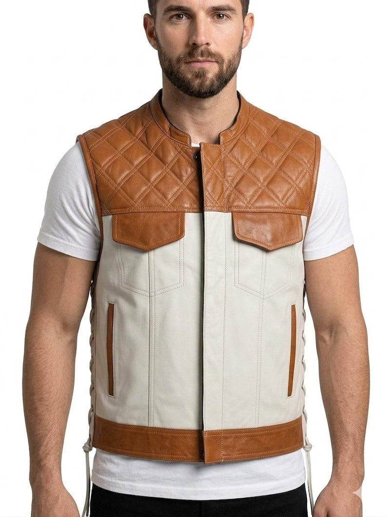 Men Leather Denim Motorcycle Vest Diamond Quilted White Brown Biker Riding Vest