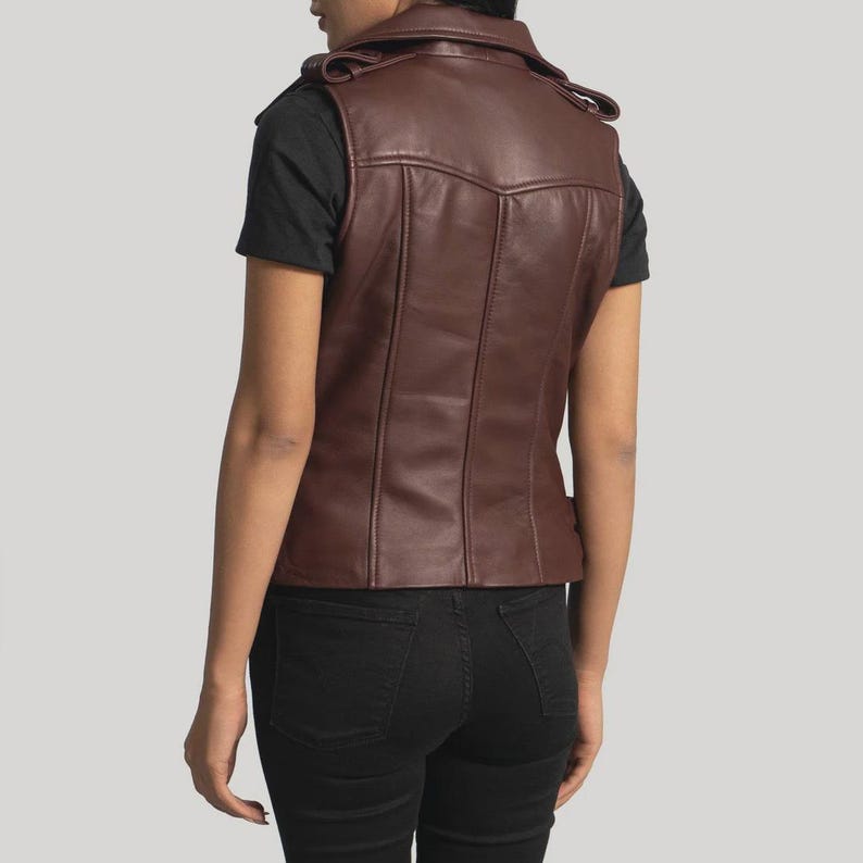 Women’s Maroon Leather Biker Vest Slim Fit Asymmetrical Zipper Moto Style