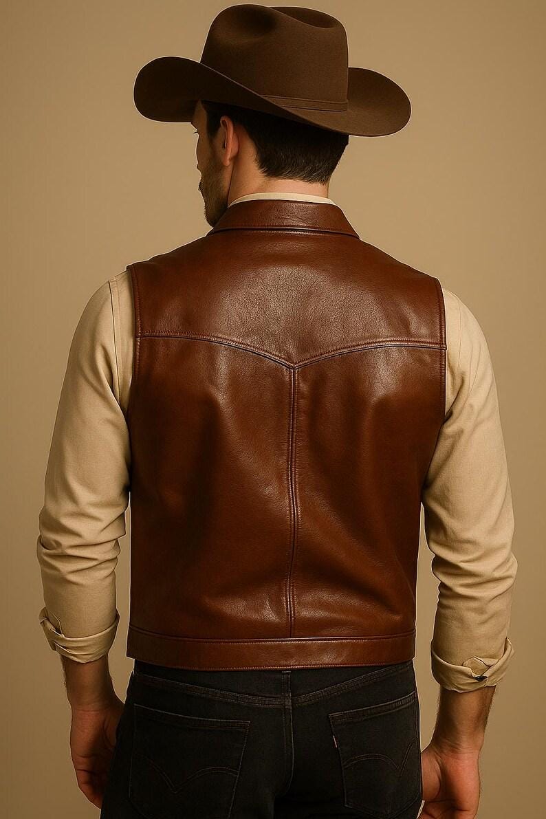 Men's Brown Leather Vest Western Cowboy Style Motorcycle Biker Slim Fit Waistcoat Vest