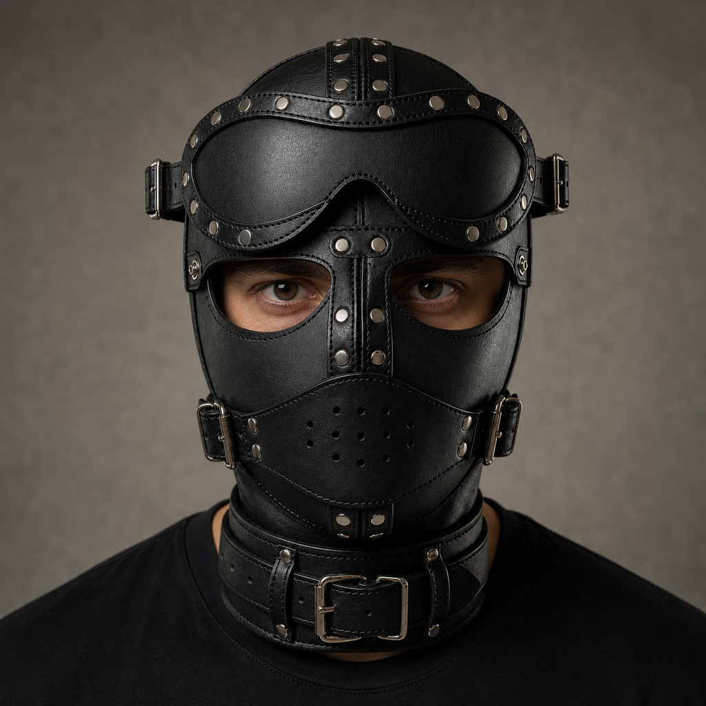 Premium Black Leather Hood Mask with Removable Eye Shield & Adjustable Face Cover