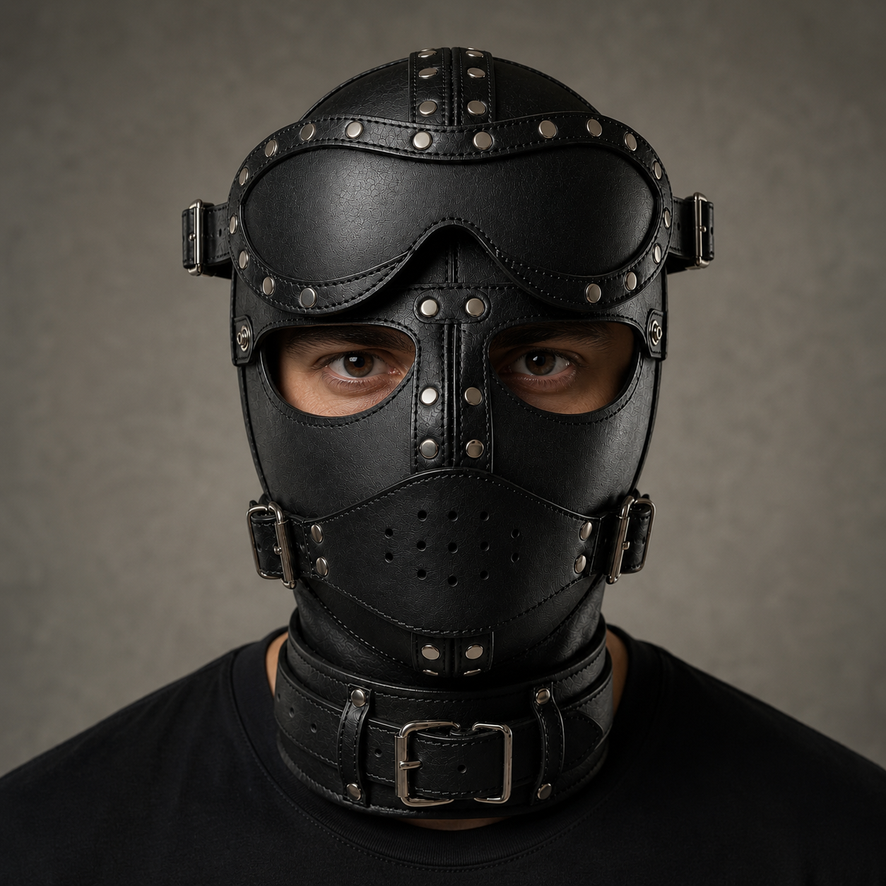 Premium Black Leather Hood Mask with Removable Eye Shield & Adjustable Face Cover
