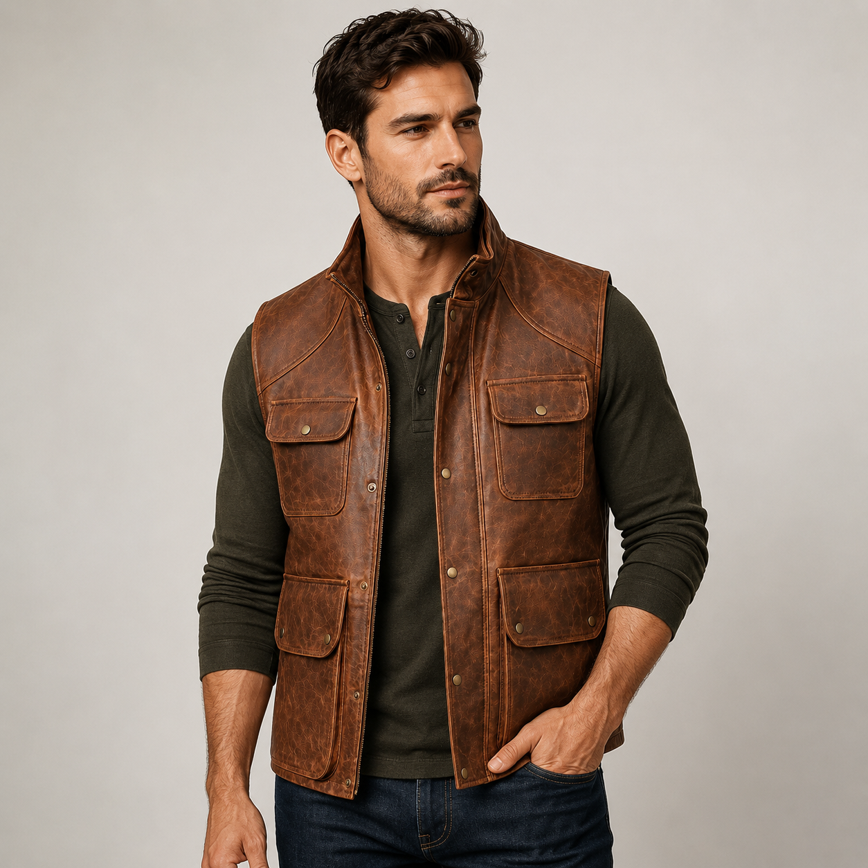Men's Brown Leather Vest Casual Utility Outdoor Slim Fit Style Motorcycle Waistcoat Vest