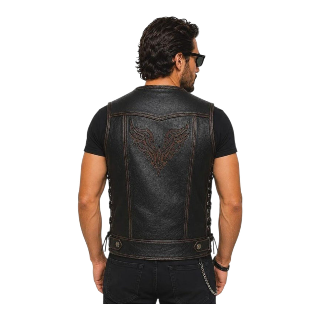 Mens Embroidered Genuine Leather Biker Vest Black Lace Up Western Riding Vest